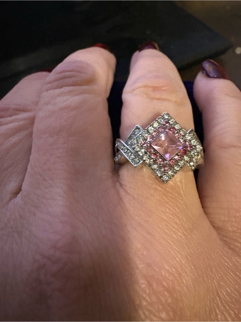 Silver Ring with Pink Square Center Stone and Halo sz 7